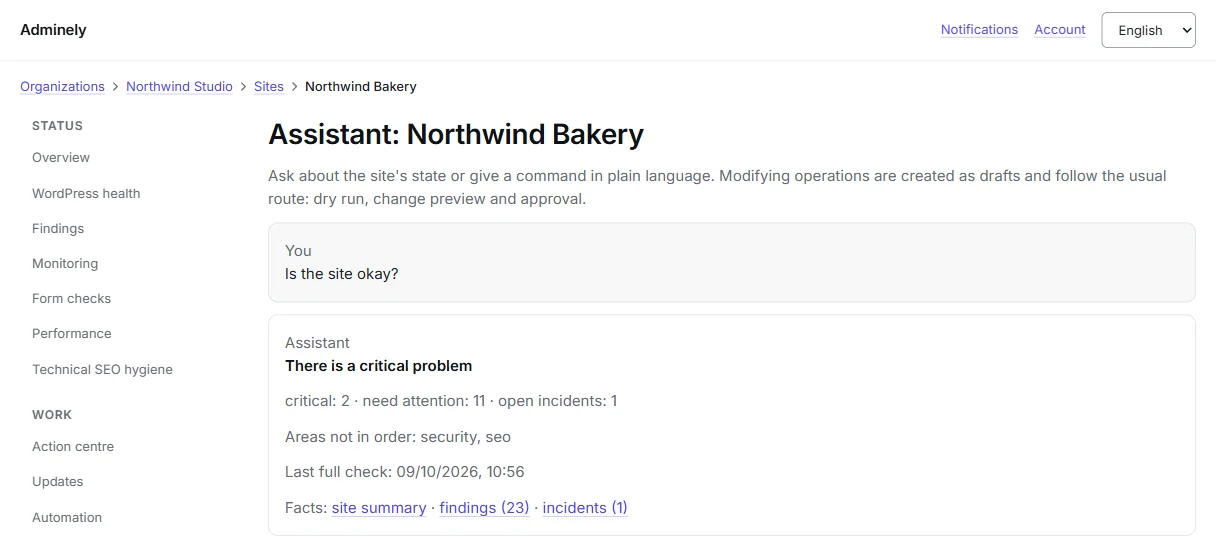 Assistant screen: the question Is the site okay and an answer with critical findings and open incidents