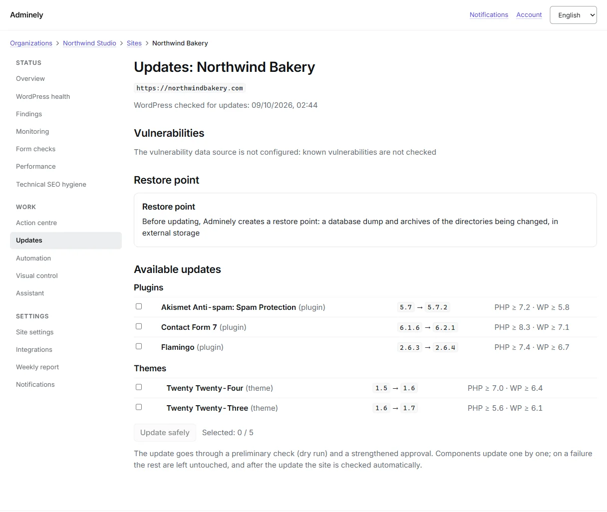 Updates screen: restore point and the list of plugin and theme updates with version requirements